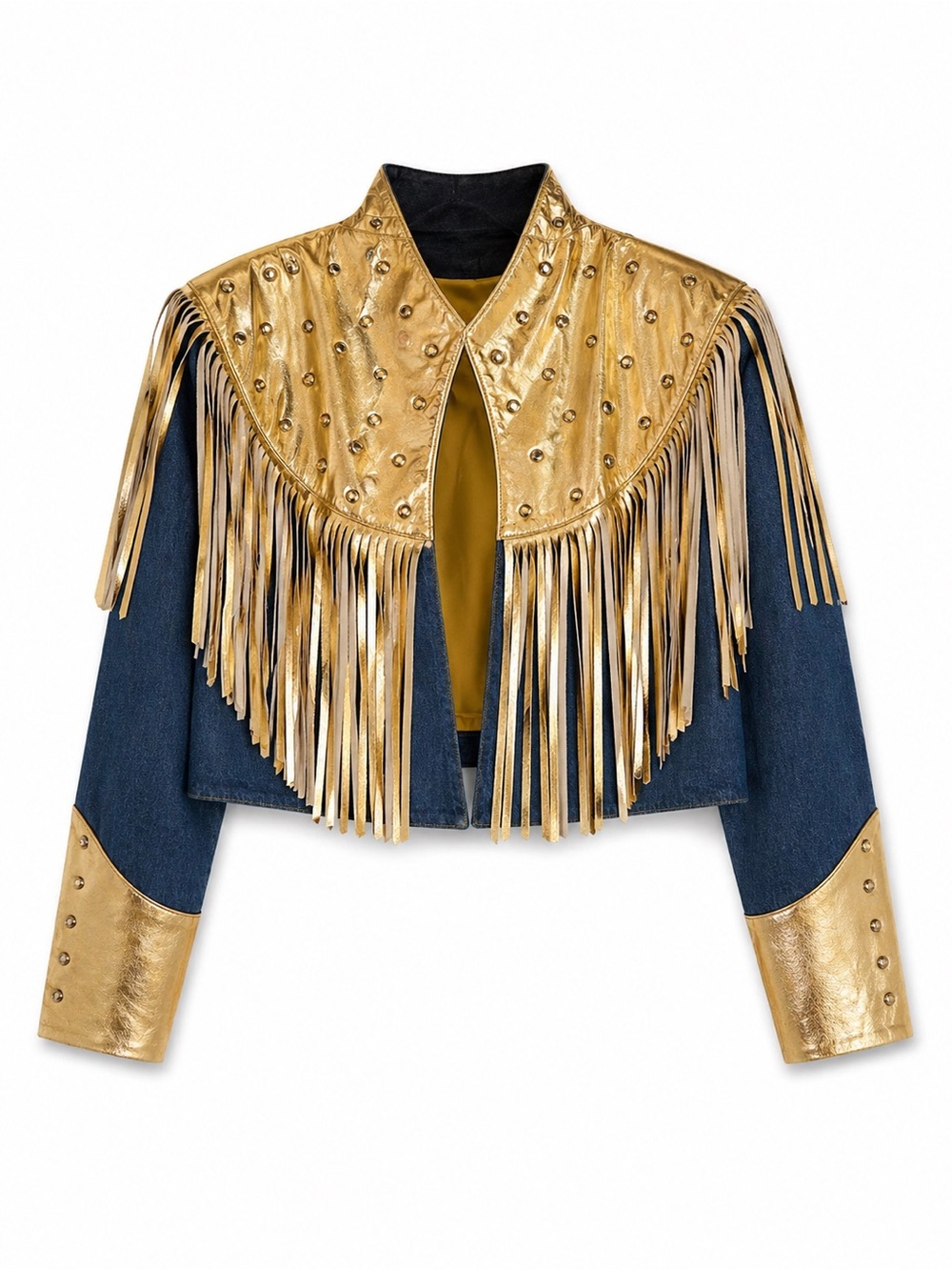 Metallic Gold Fringe Denim Crop Jacket